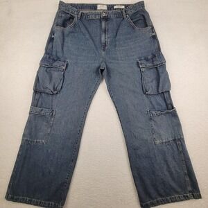 Cotton On Cargo Wide Leg Jeans Womens 16 Blue Denim Utility Pockets 100% Cotton